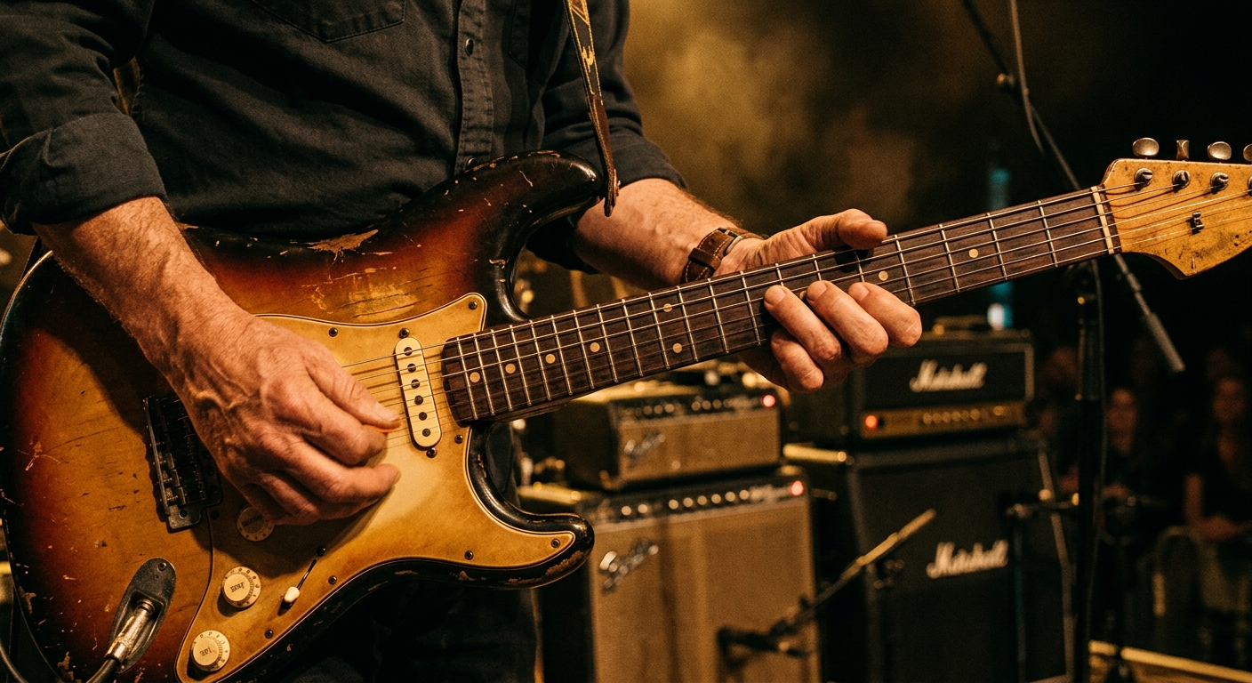 Close up of a hand playing a bluesy bend on a Stratocaster