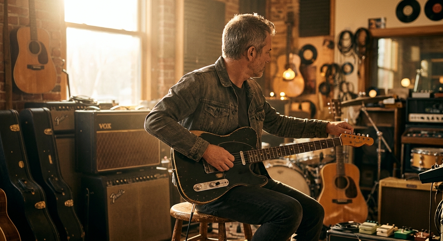 A working musician sitting with an electric guitar in a warm home studio