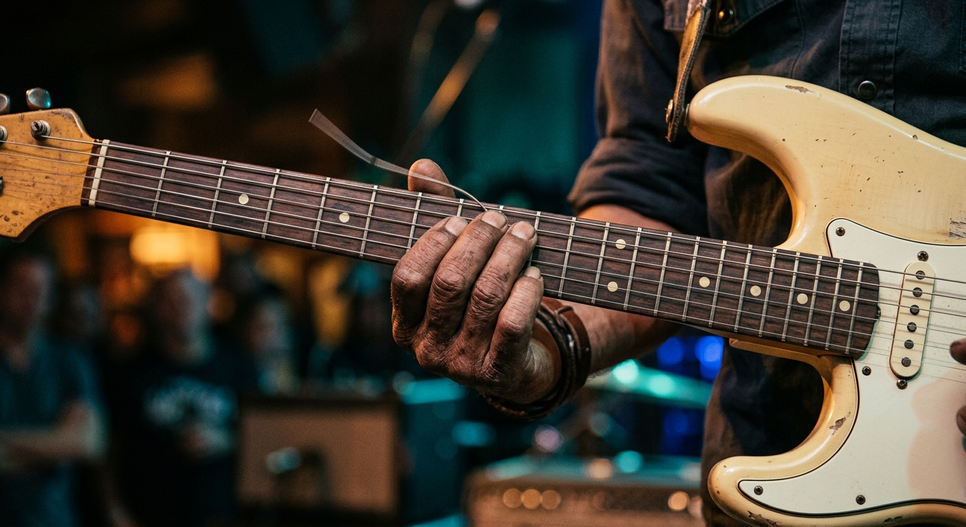 Close-up of a hand bending a blues note high on the neck of a Stratocaster