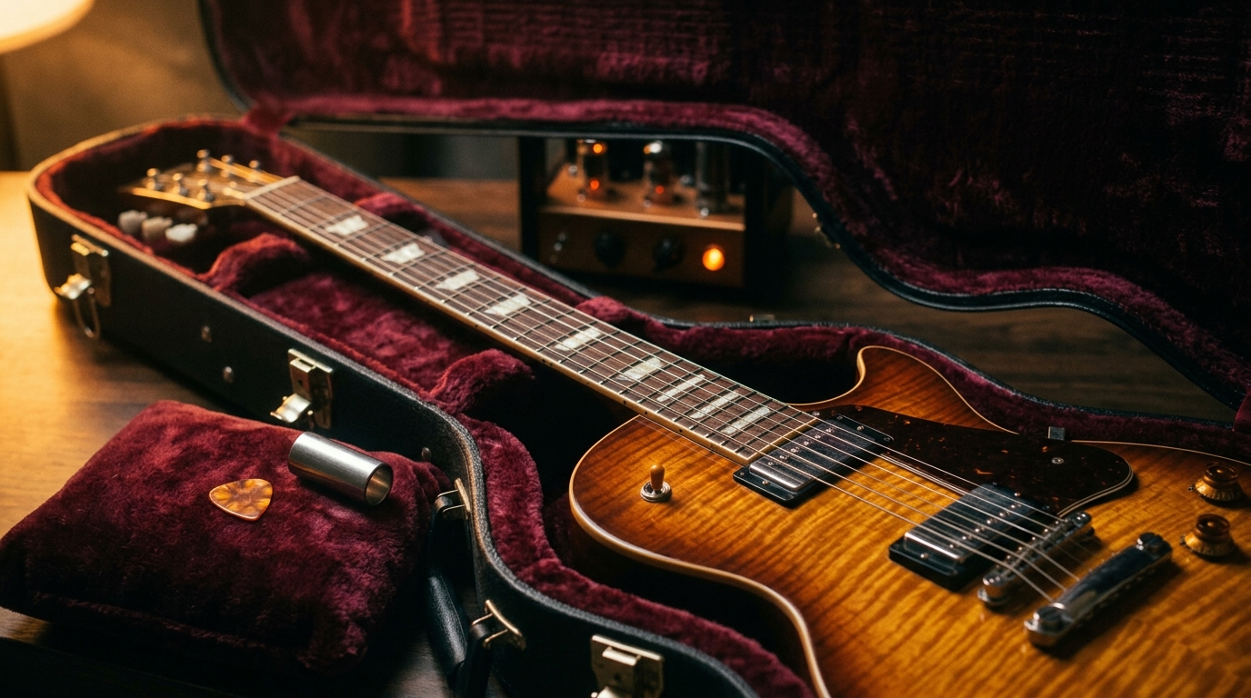 A sunburst Les Paul style guitar inside an open case with warm amber studio lighting