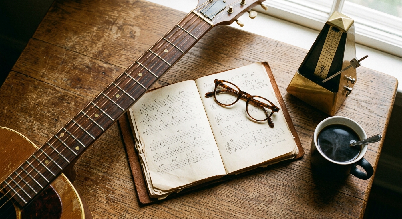 An acoustic guitar, open practice notebook, brass metronome, and coffee on a wood desk