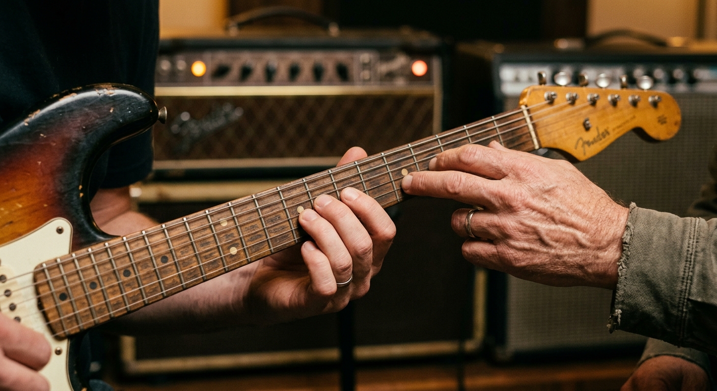 Two pairs of hands on a guitar neck, one showing the other a fingering position in a warm studio