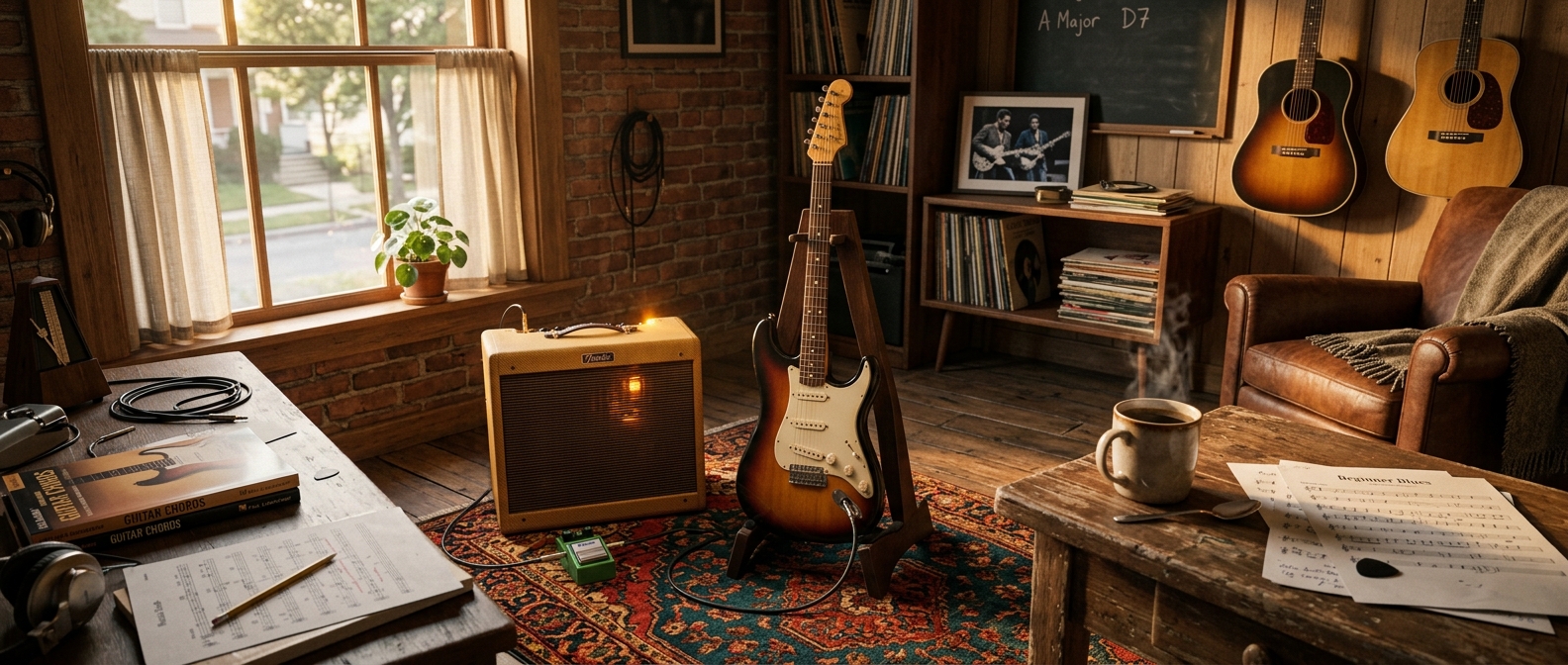 A warm home guitar studio with a Stratocaster, tube amp, and morning coffee on a worn wooden desk