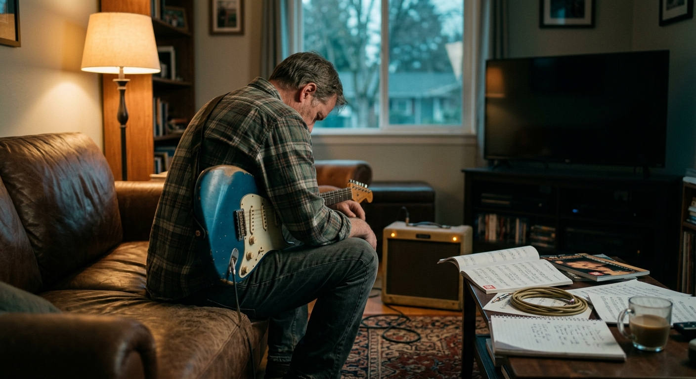 A man sitting alone with a guitar in his lap in a dim living room
