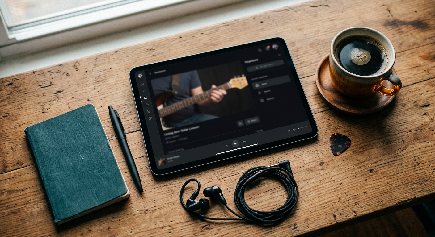 A tablet showing a guitar lesson player with headphones and a notebook on a wooden desk